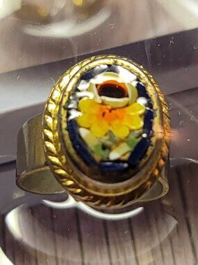 Vintage Micro Mosaic Glass Floral Ring, Wide Band, Italy